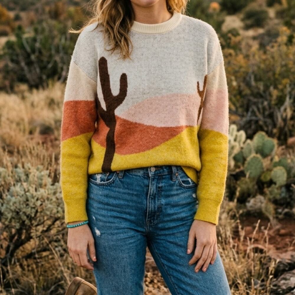 Miss Sparkling Desert Cactus Sunset Knit Sweater S Southwestern Boho Colorblock